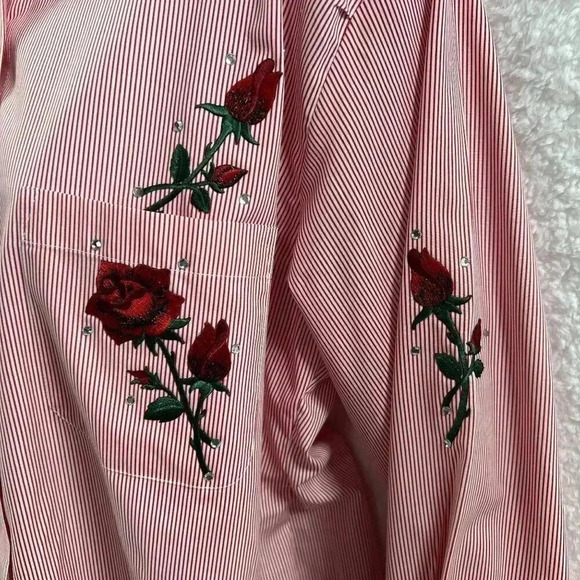 Vintage Las Olas Womens M Red Striped Button Top Rose Embroidery Blouse Western - Picture 6 of 13